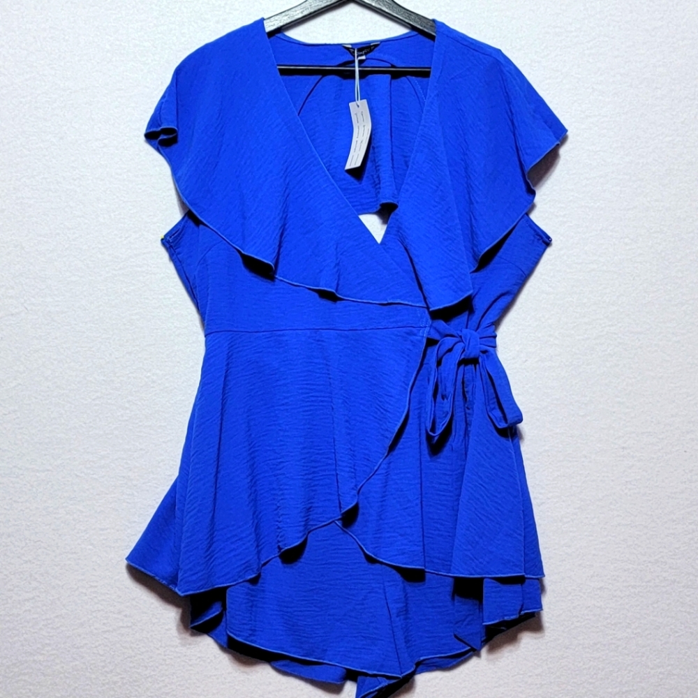 SIMPLEE Blue Ruffled Open Back Faux Wrap Romper Size XL‎ #768